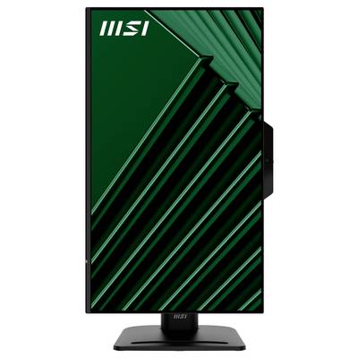 MSI-Monitor mit einem schlanken vertikalen Design, der geometrische grüne Muster auf dem Bildschirm aufweist.