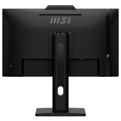 Ein schwarzer Computermonitor, von hinten gezeigt, mit einem zentralen Ständer und einem sichtbaren Logo an der Oberseite, der eine strukturierte Oberflächengestaltung aufweist.