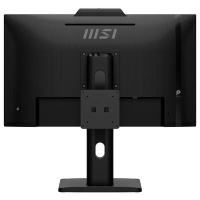 Rückansicht eines schwarzen MSI-Monitors auf einem Ständer, die das Rückpanel und die Befestigungshalterung zeigt.