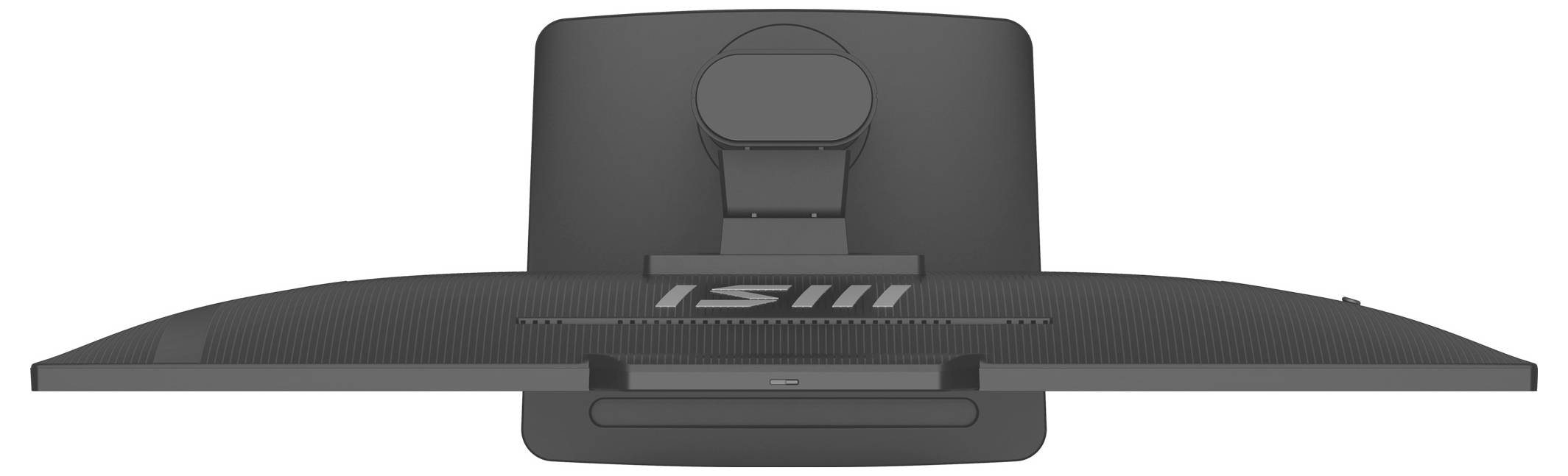 Luftaufnahme eines schwarzen Computermonitors mit der Beschriftung "MSI" auf der Rückseite, der sein schlankes Profil und seine Halterung präsentiert.
