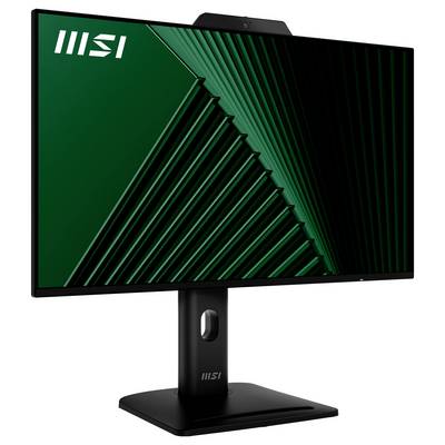 Ein schlanker MSI-Monitor präsentiert einen großen Bildschirm mit einem geometrischen dunkelgrünen und schwarzen Muster, aufgesetzt auf einem schwarzen Ständer, der eine moderne Ästhetik ausstrahlt.