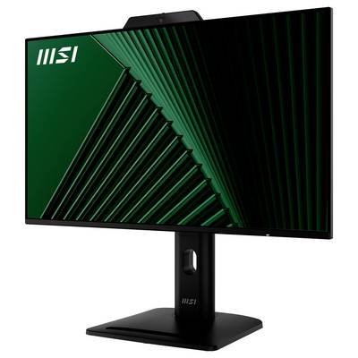 Ein schlanker MSI-Computermonitor mit einem dünnen schwarzen Rahmen und einem Bild von grünen abstrakten Linien auf dem Bildschirm, montiert auf einem verstellbaren schwarzen Ständer.