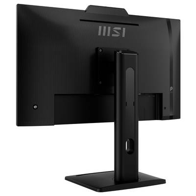 Ein schwarzer MSI-Computermonitor, von hinten gezeigt, mit einem vertikalen Ständer mit rechteckiger Basis und einer gerippten Textur auf dem Rückpanel.