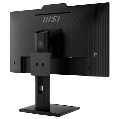 Ein schwarzer Computermonitor, von hinten betrachtet, auf einem verstellbaren Ständer montiert. Das MSI-Logo ist am oberen Rand des Monitors in der Mitte sichtbar.