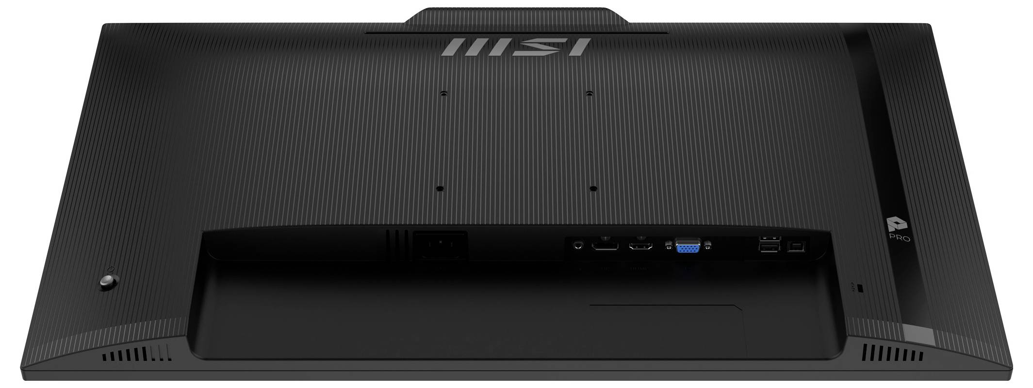 Das Bild zeigt die Rückseite eines schwarzen Computermonitors mit mehreren Anschlüssen, einschließlich HDMI-, USB- und Stromverbindungsoptionen.