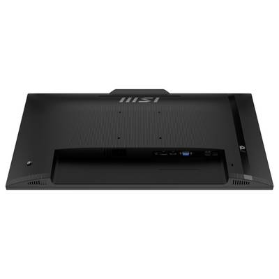 Das Bild zeigt die Rückseite eines schwarzen Computermonitors mit mehreren Anschlüssen, einschließlich HDMI-, USB- und Stromverbindungsoptionen.