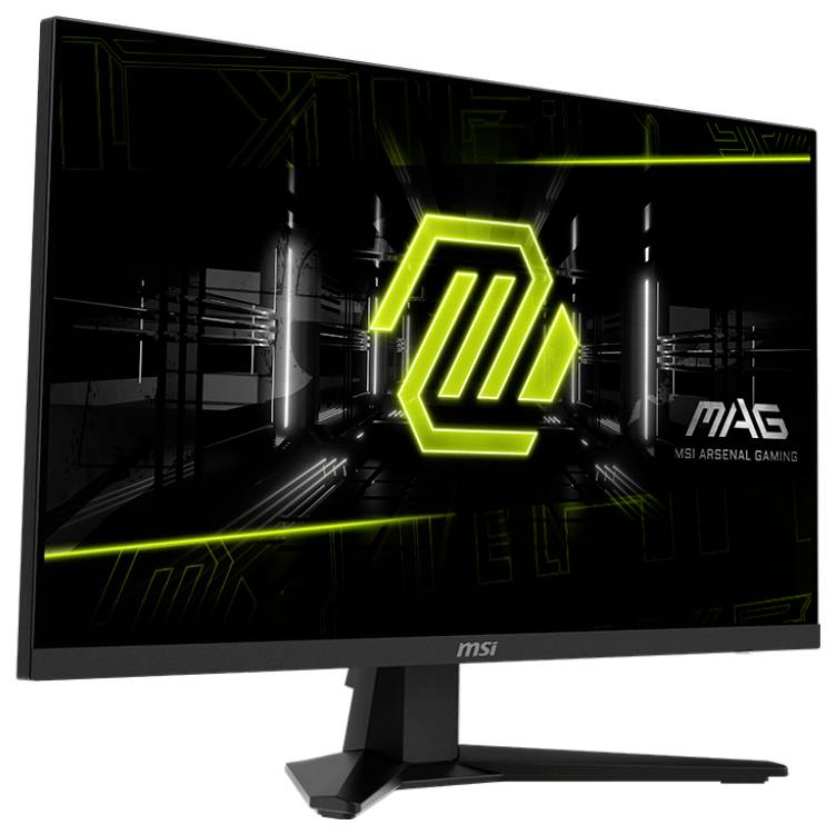 Ein Computermonitor, der ein futuristisches Design mit dem Text „MAG MSI Arsenal Gaming" und einem leuchtenden geometrischen Symbol in der Mitte zeigt.