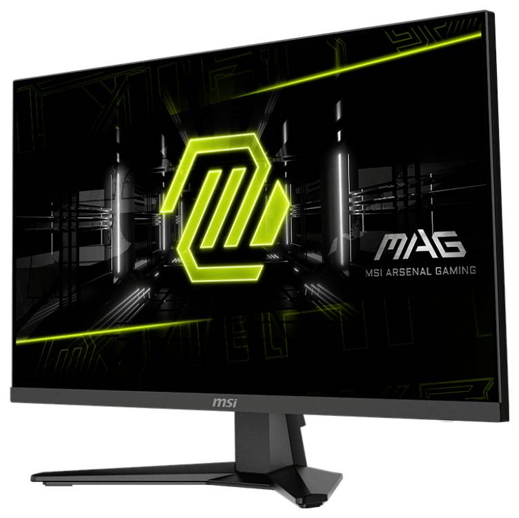Ein Gaming-Monitor, der ein futuristisches, neongrünes Logo auf einem dunklen Hintergrund zeigt, mit dem Text "MAG" und "MSI Arsenal Gaming" auf dem Bildschirm.