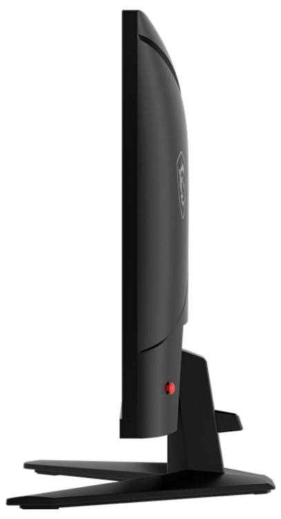 Ein schlanker, schwarzer Computermonitor, von der Seite gezeigt, wobei seine dünne Bauweise und der Ständer hervorgehoben werden.