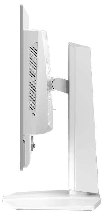 Seitenansicht eines weißen Computermonitors auf einem Ständer, der sein schlankes Design und Belüftungsdetails an der Rückseite zeigt.