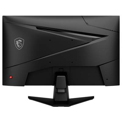 Ein schlanker schwarzer Computermonitor, von hinten betrachtet, mit scharfen, kantigen Designlinien und einer roten Standby-Anzeige.
