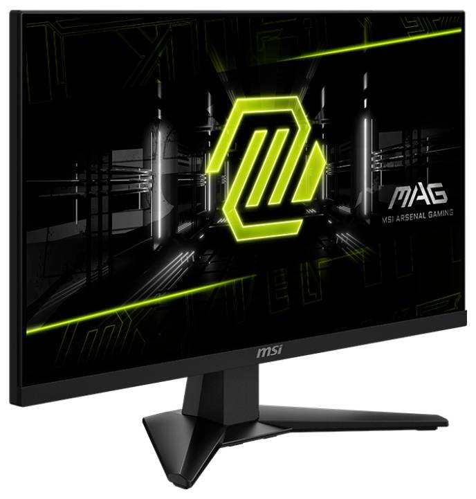 MSI-Gaming-Monitor mit futuristischem Design auf dem Bildschirm, auf dem ein neongrünes Symbol und der Text ‚MAG MSI ARSENAL GAMING' an der Seite zu sehen ist.