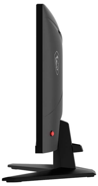 Seitenansicht eines schlanken Computermonitors mit einem schwarzen Ständer, auf dessen Rückseite ein Unternehmenslogo zu sehen ist.