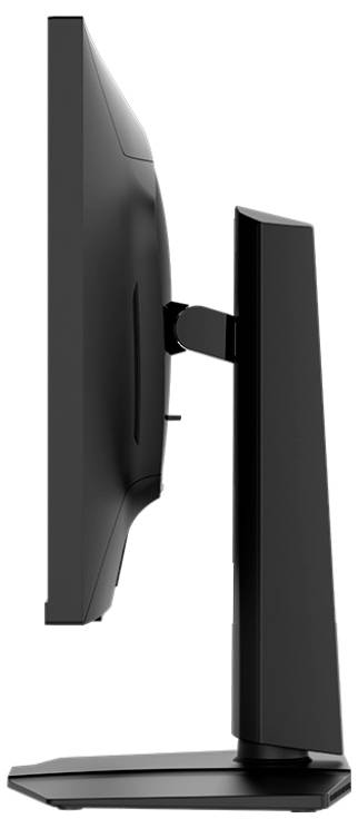 Seitenansicht eines schlanken, modernen schwarzen Computermonitors auf einem Ständer, der das kompakte Design und die verstellbare Neigungsfunktion zeigt.