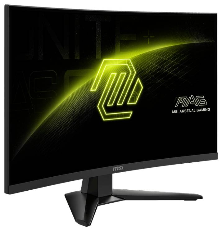 Gekrümmter MSI-Monitor mit einer leuchtend gelben Grafik und dem Text "MAG MSI Arsenal Gaming" auf dem Bildschirm, auf einem schwarzen Ständer platziert.