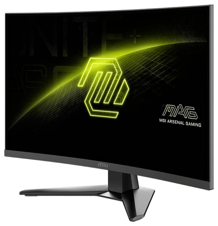 Gebogener Computermonitor mit futuristischer grüner Grafikdarstellung, auf dem der Text "MAG MSI Arsenal Gaming" auf dem Bildschirm zu sehen ist.