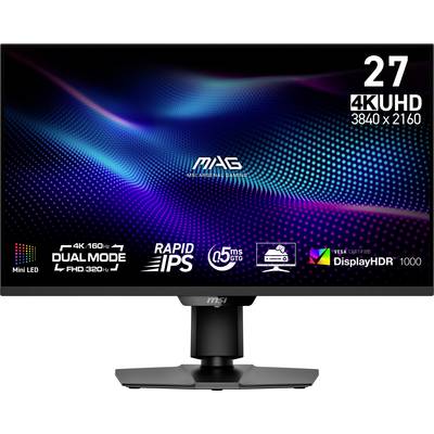 Ein Gaming-Monitor mit farbenfroher Grafik, der einen 27" 4K UHD-Bildschirm mit 3840 x 2160 Auflösung, Rapid IPS-Technologie, DisplayHDR 1000 und verschiedenen technischen Spezifikationen zeigt.