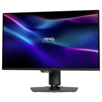Ein schwarzer Computermonitor mit einem lebhaften, blau-violetten abstrakten Wellenmuster auf dem Bildschirm. Der Markenname „MAG" wird in der Mitte angezeigt.