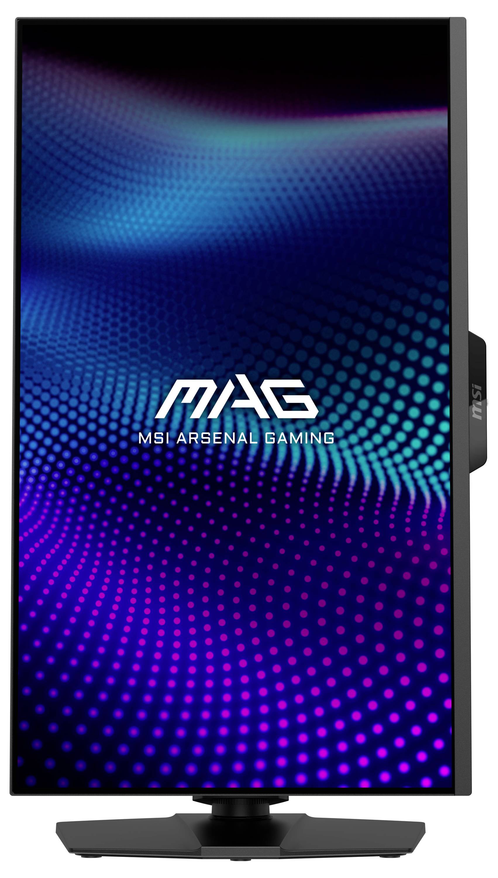 Ein Computermonitor in vertikaler Ausrichtung, der ein dynamisches abstraktes Muster aus blauen und lila Punkten zeigt. Der Text 'MAG MSI Arsenal Gaming' befindet sich in der Mitte.