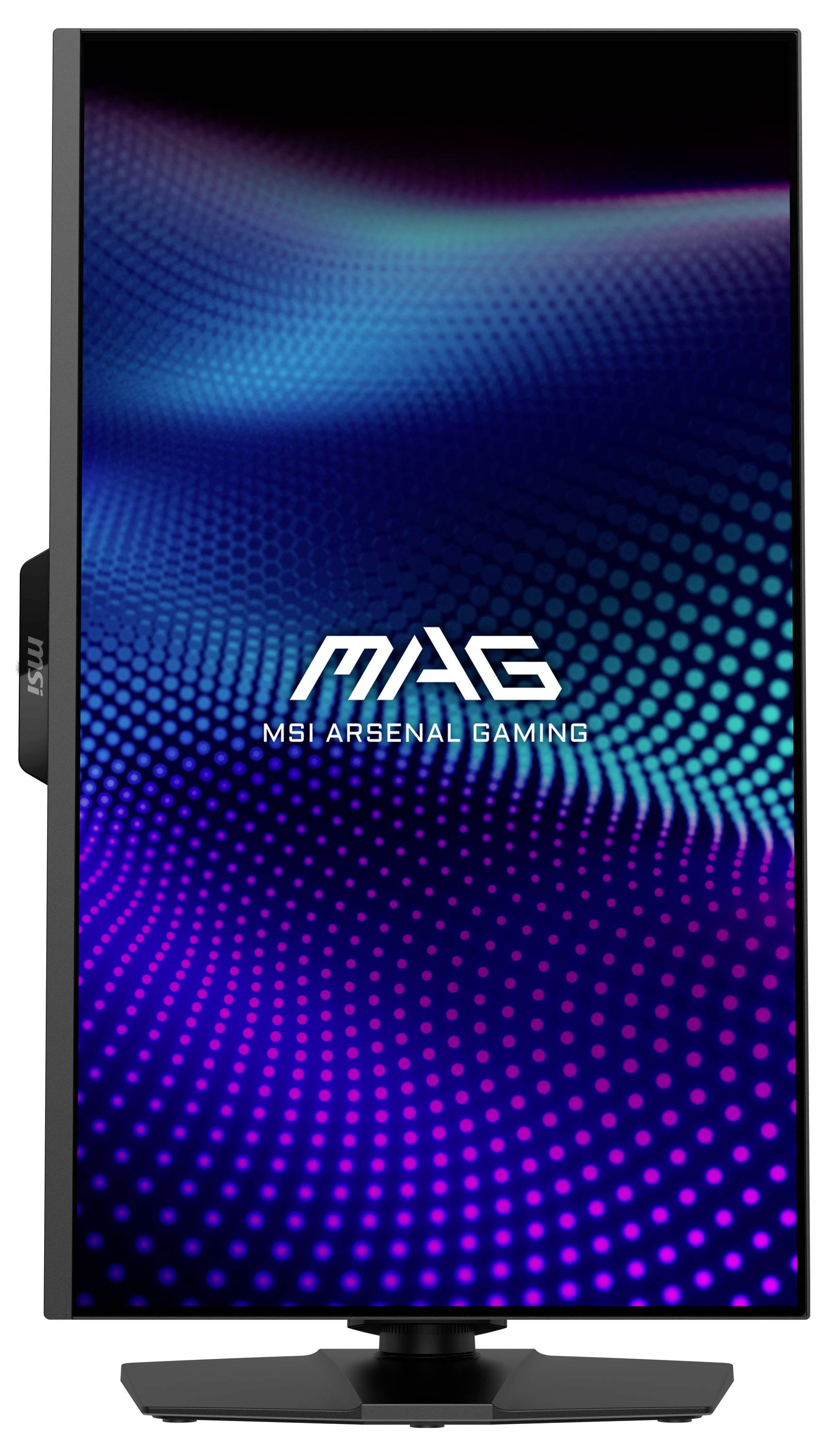 Ein vertikaler Gaming-Monitor mit einem lebhaften, wellenförmigen Blau- und Violettmuster auf dem Bildschirm, auf dem der Text "MSI ARSENAL GAMING" angezeigt wird.