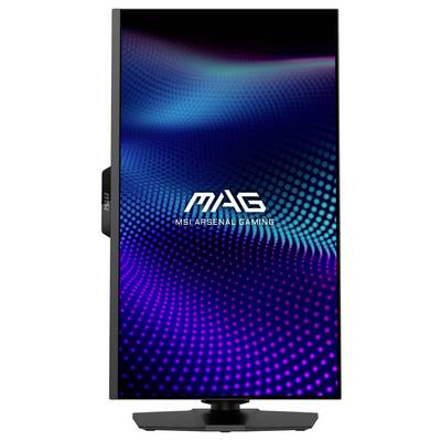 Ein vertikaler Gaming-Monitor mit einem lebhaften, wellenförmigen Blau- und Violettmuster auf dem Bildschirm, auf dem der Text "MSI ARSENAL GAMING" angezeigt wird.