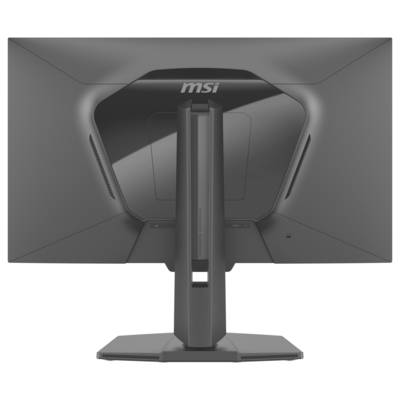 Eine Rückansicht eines Monitors mit 'MSI' Logo oben, die sein schlankes Design und den stabilen Standfuß präsentiert.