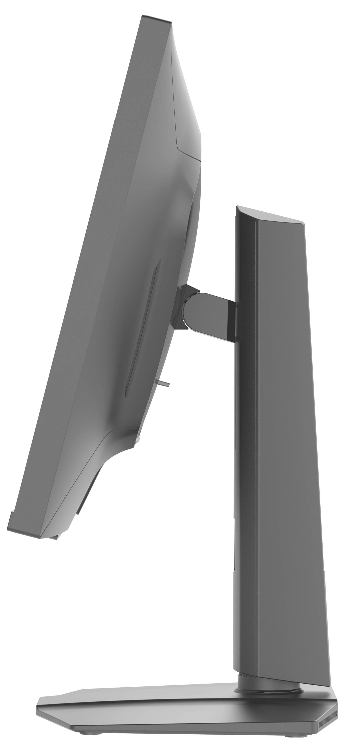 Ein schlanker, moderner Computermonitor, von der Seite präsentiert, mit einem verstellbaren Ständer, der sein schlankes Design und seine Flexibilität betont.