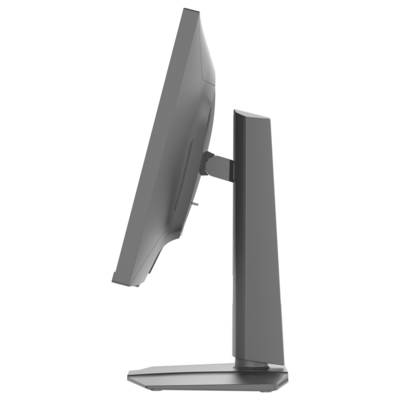 Ein schlanker, moderner Computermonitor, von der Seite präsentiert, mit einem verstellbaren Ständer, der sein schlankes Design und seine Flexibilität betont.