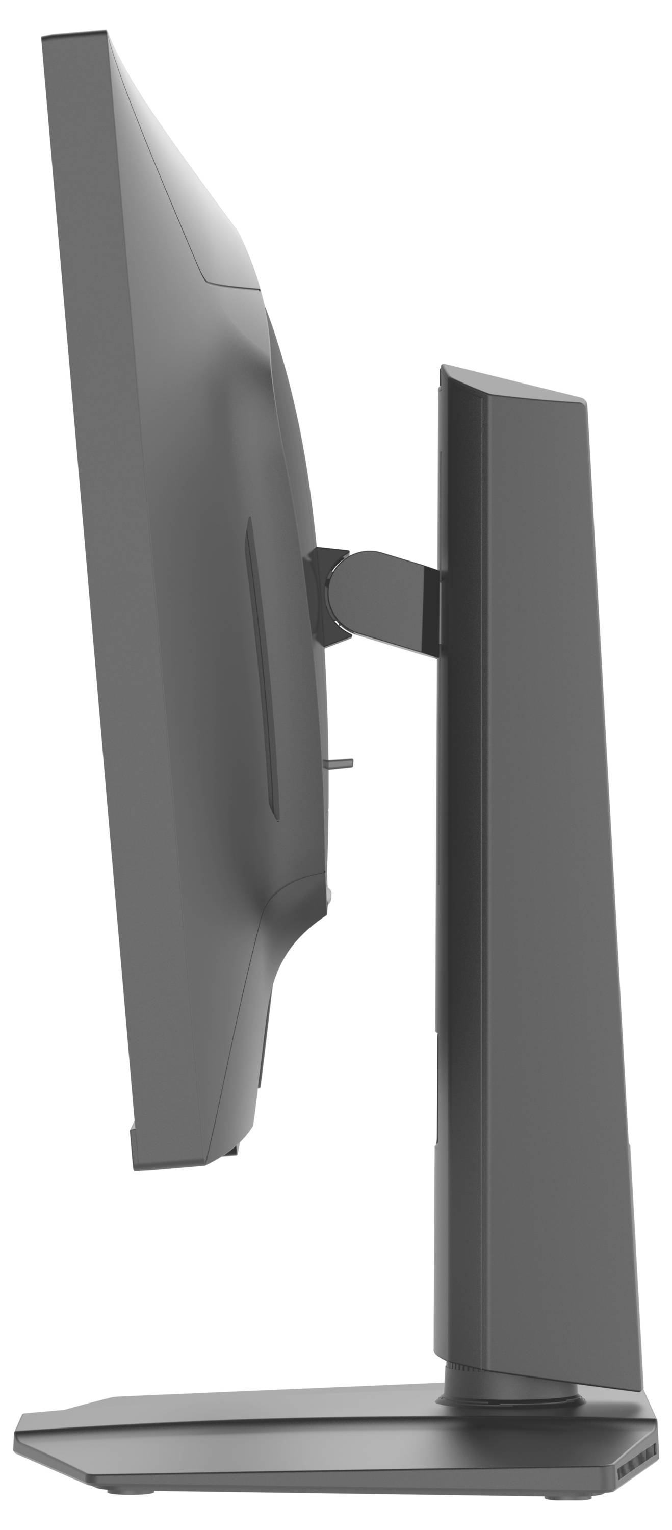 Ein schlanker, dünner Computermonitor, von der Seite betrachtet, der seine schmale Silhouette und den Standfuß zeigt.