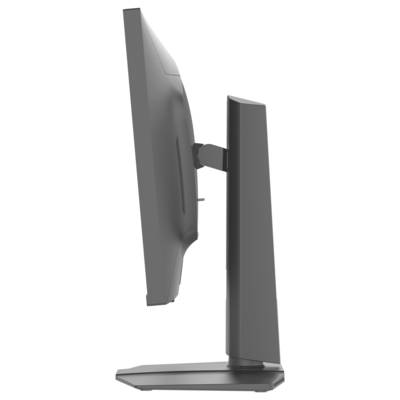 Ein schlanker, dünner Computermonitor, von der Seite betrachtet, der seine schmale Silhouette und den Standfuß zeigt.