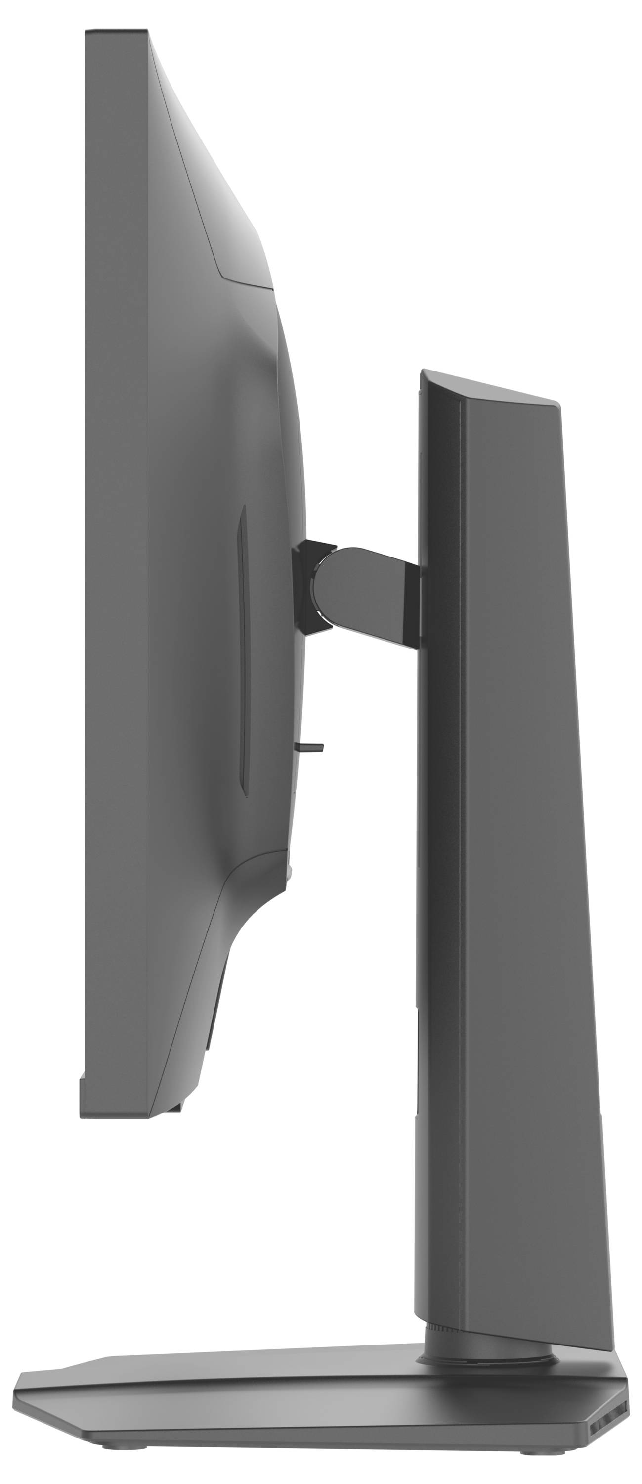 Seitenansicht eines schlanken, modernen Computermonitors mit verstellbarem Ständer in neutraler Farbe.