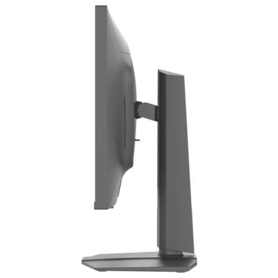 Seitenansicht eines schlanken, modernen Computermonitors mit verstellbarem Ständer in neutraler Farbe.