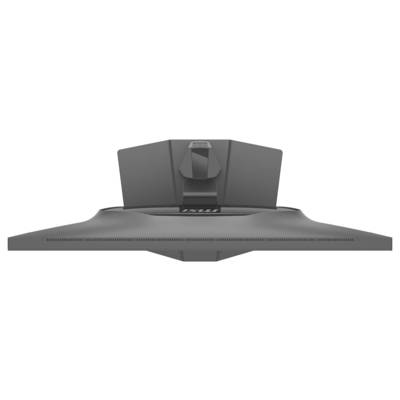 Eine Nahaufnahme der Rückseite eines Computermonitors, die den Ständer und Designdetails zeigt. Das Markenlogo ist in der Nähe der Mitte sichtbar.