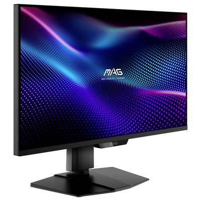 Ein Computermonitor, der ein lebendiges, abstraktes digitales Muster mit blauen und violetten Wellen zeigt. Der Bildschirm präsentiert das 'MAG' Logo.