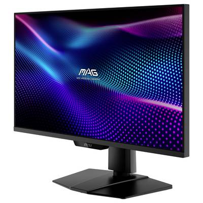Ein Computermonitor, der ein lebendiges digitales Muster mit violetten und blauen Wellen zeigt, mit dem Text 'MAG' in der Mitte.