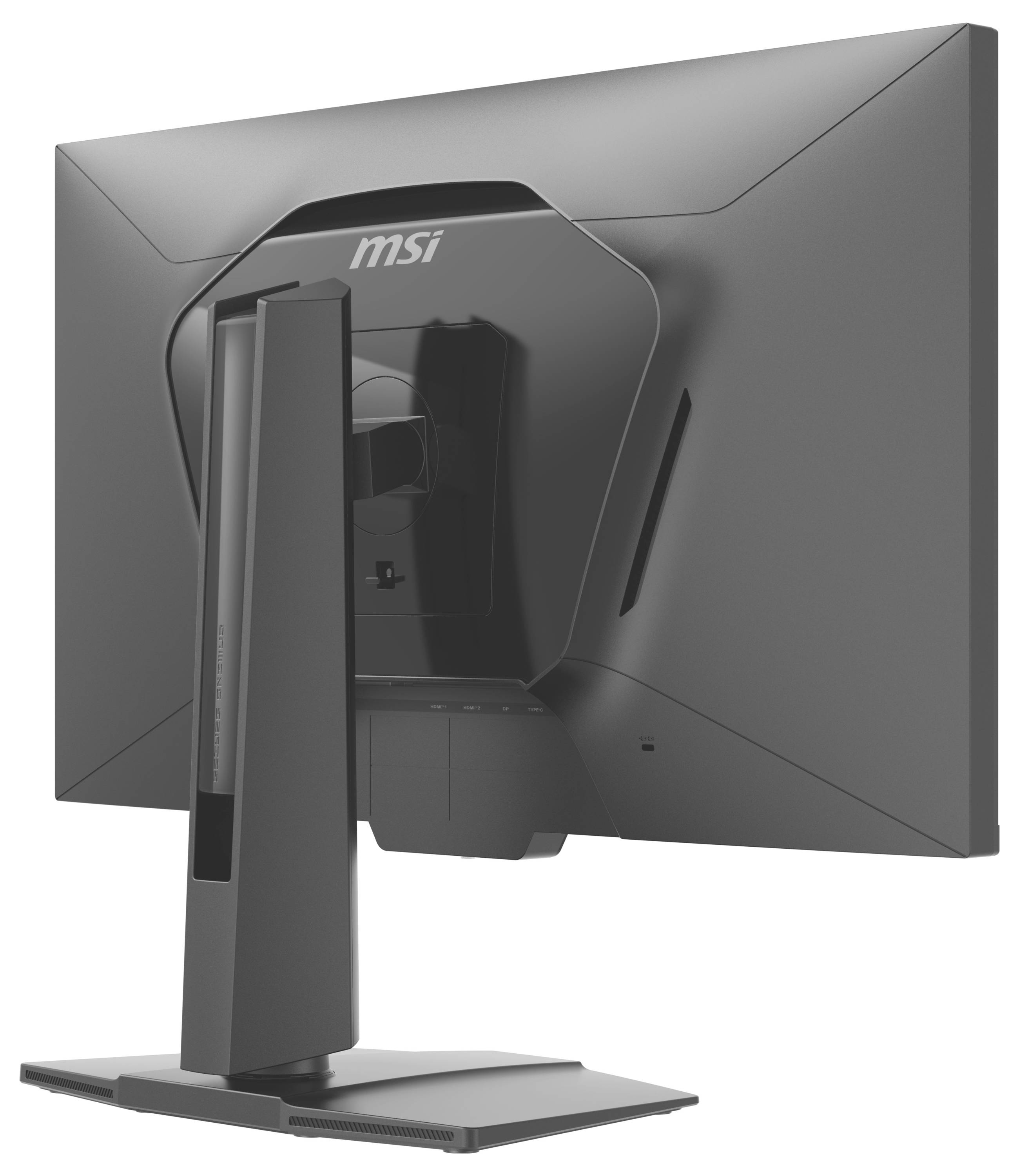 Ein schwarzer MSI-Computermonitor wird von hinten gezeigt, wobei der neigbare Ständer und das elegante Design hervorgehoben werden.