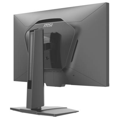 Ein schwarzer MSI-Computermonitor wird von hinten gezeigt, wobei der neigbare Ständer und das elegante Design hervorgehoben werden.