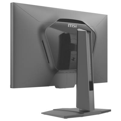 Das Bild zeigt die Rückseite eines Computermonitors mit einem verstellbaren Ständer und einem schlanken, modernen Design, das mit der Marke "MSI" gekennzeichnet ist.