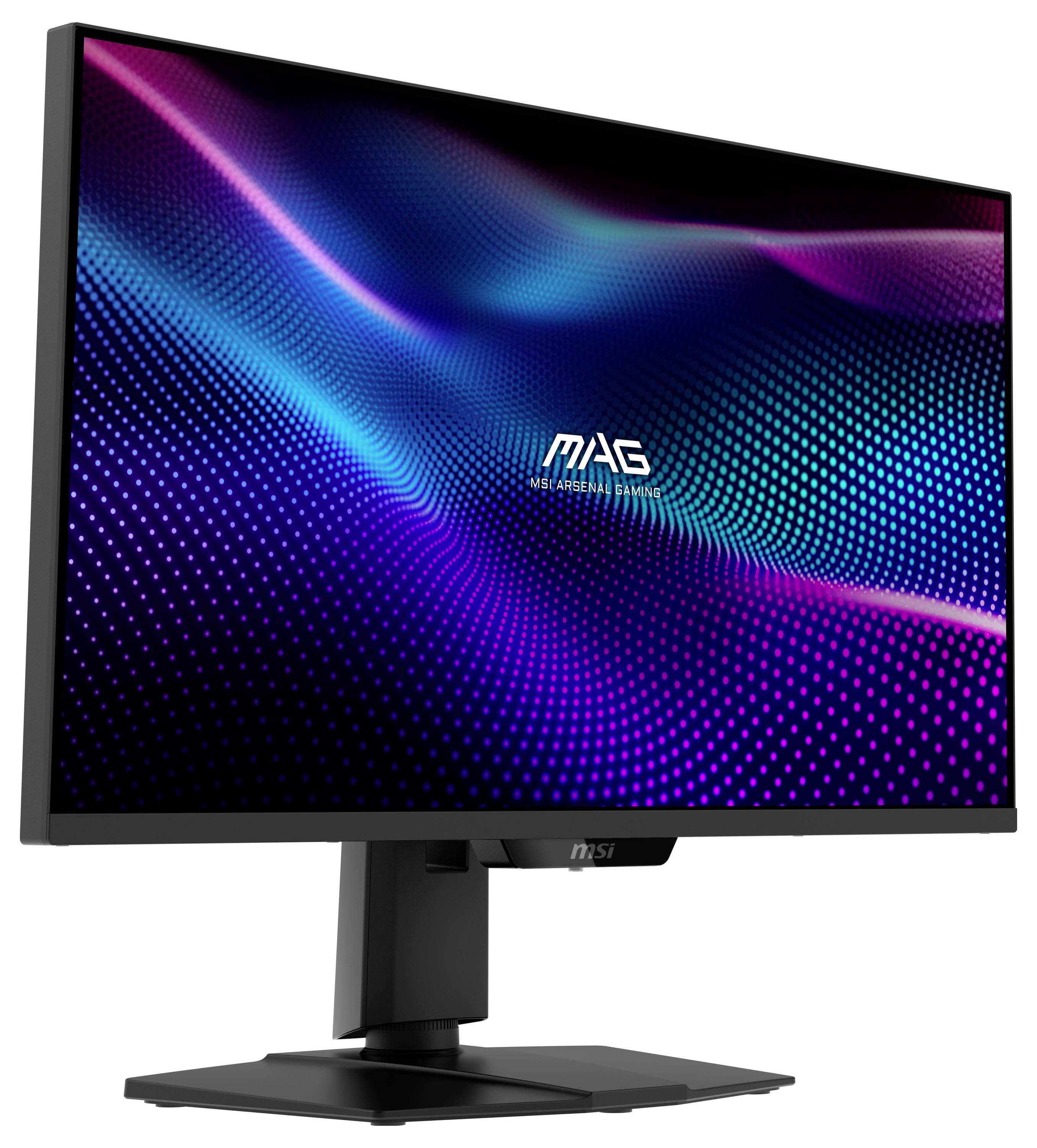 Ein Computermonitor, der ein lebendiges Blau- und Violettwellenmuster zeigt, mit dem Text 'MAG' in der Mitte, vor einem schwarzen Hintergrund.