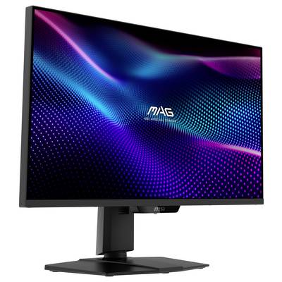 Ein Computermonitor, der ein lebendiges Blau- und Violettwellenmuster zeigt, mit dem Text 'MAG' in der Mitte, vor einem schwarzen Hintergrund.