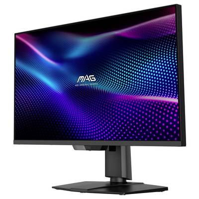 Ein schwarzer Computermonitor, der ein lebendiges digitales Wellenmuster mit violetten, blauen und rosa Farbtönen zeigt. Das Markenlogo ist in der Mitte sichtbar.