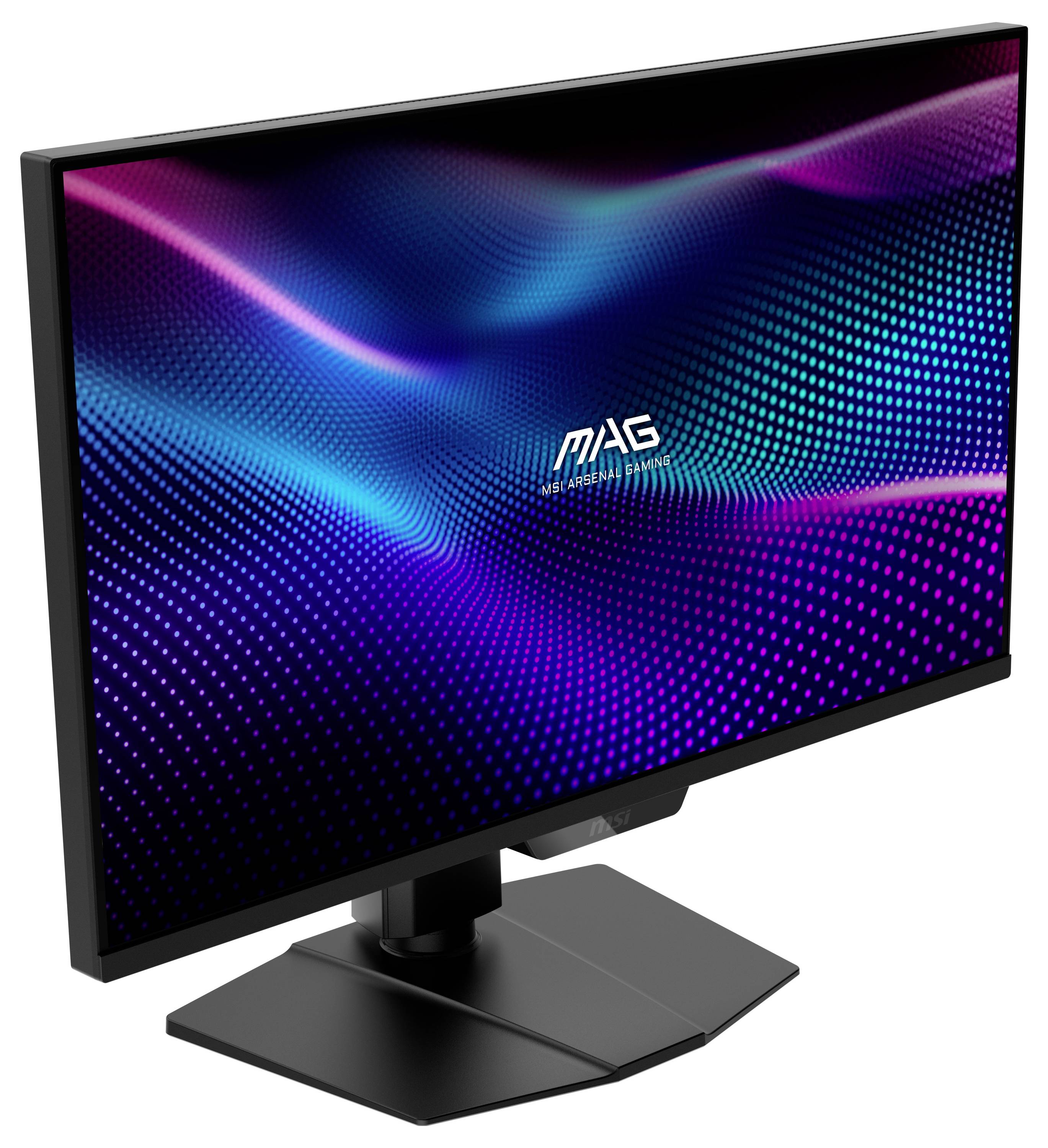 Ein schlanker Computermonitor mit schwarzem Rahmen zeigt ein lebendiges, abstraktes Design mit Wellen aus blauen und rosa Punkten auf einem dunklen Hintergrund.