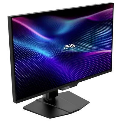 Ein schlanker Computermonitor mit schwarzem Rahmen zeigt ein lebendiges, abstraktes Design mit Wellen aus blauen und rosa Punkten auf einem dunklen Hintergrund.