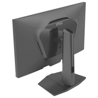 Ein Computermonitor, von hinten betrachtet, mit einem schlanken, eckigen Ständer und dem Markennamen 'MSI' oben.