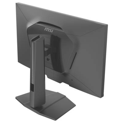 Ein dunkelgrauer Computermonitor, von hinten betrachtet, der seinen Ständer und Anschlussports zeigt. Das Markenlogo ist mittig oben sichtbar.