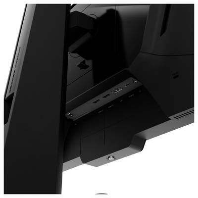 Eine Nahaufnahme der Rückseite eines Monitors, die verschiedene Anschlüsse für Konnektivität zeigt, einschließlich HDMI-, USB- und Stromverbindungen.