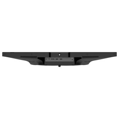 Unteransicht eines schwarzen Monitors mit Lüftungsgittern, zentraler Taste und Anschlüssen: USB, HDMI und Stromeingang.