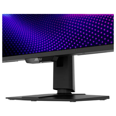 Ein Computermonitor, der ein lebendiges lila und blaues Gradientenwellenmuster zeigt. Der Ständer und die Basis sind schwarz, mit dem 'MSI'-Logo auf der Vorderseite.
