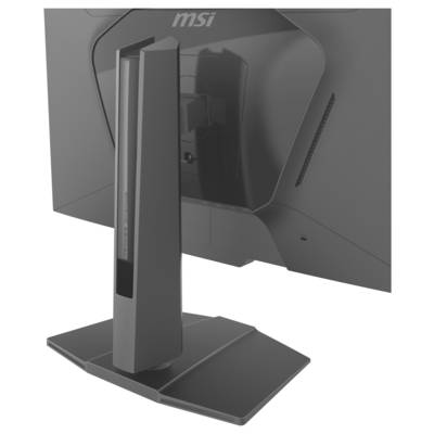 Rückansicht eines modernen Computermonitors mit schlankem, gebogenem Design und ergonomischem Ständer. Das Logo und die Markierung sind auf der Rückseite sichtbar.