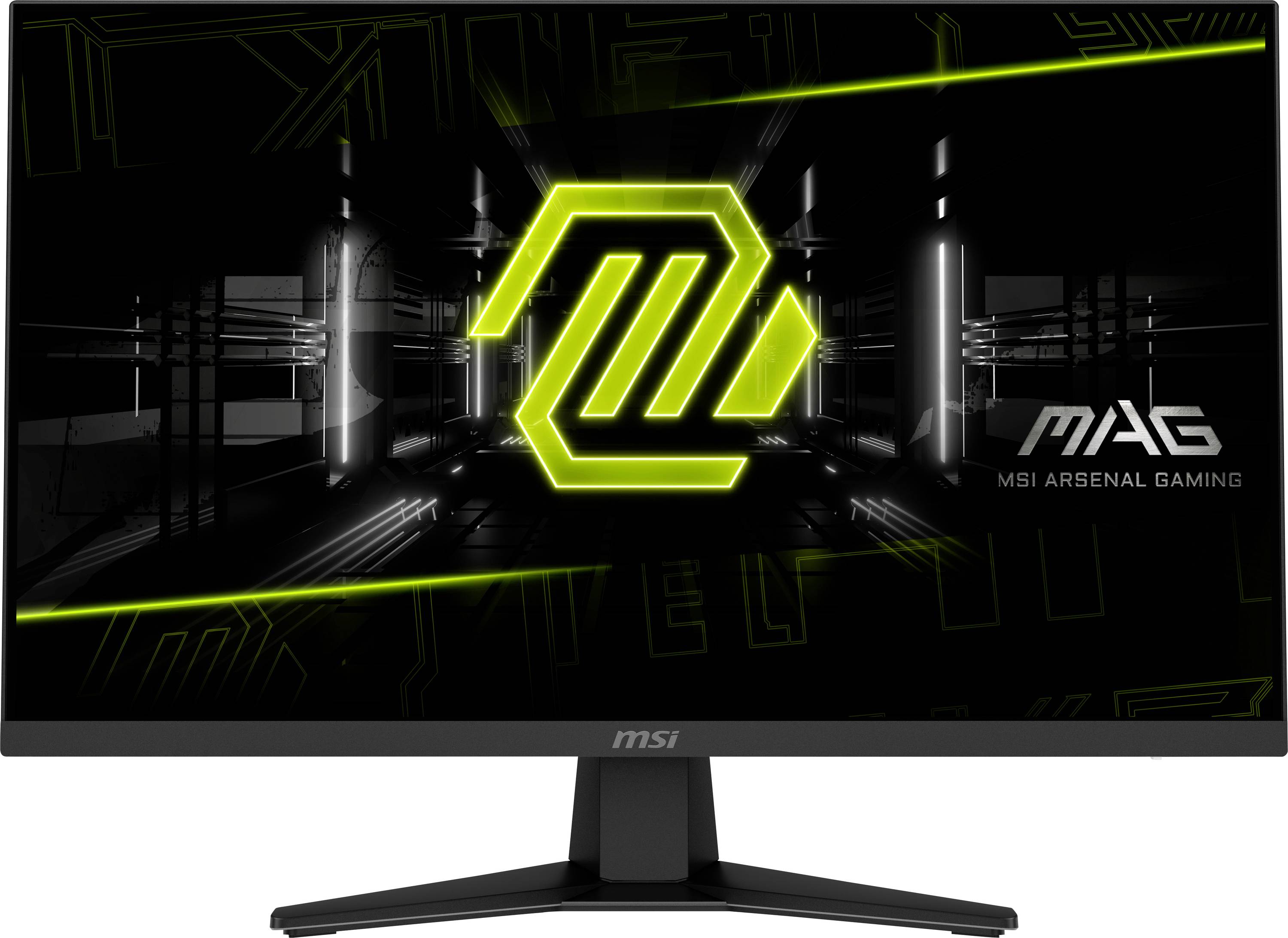 Ein MSI-Gaming-Monitor mit elegantem Design, auf dem das 'MAG'-Logo und Grafiken auf dem Bildschirm zu sehen sind, vor einem futuristischen Hintergrund.
